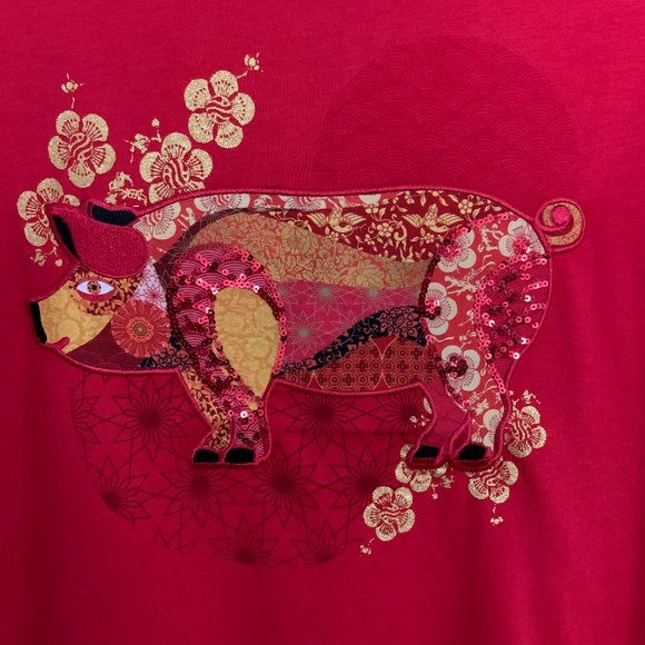 Desigual Short Sleeve Top Red Embroidered Sequin Pig Festive Holiday Size L - Picture 5 of 10